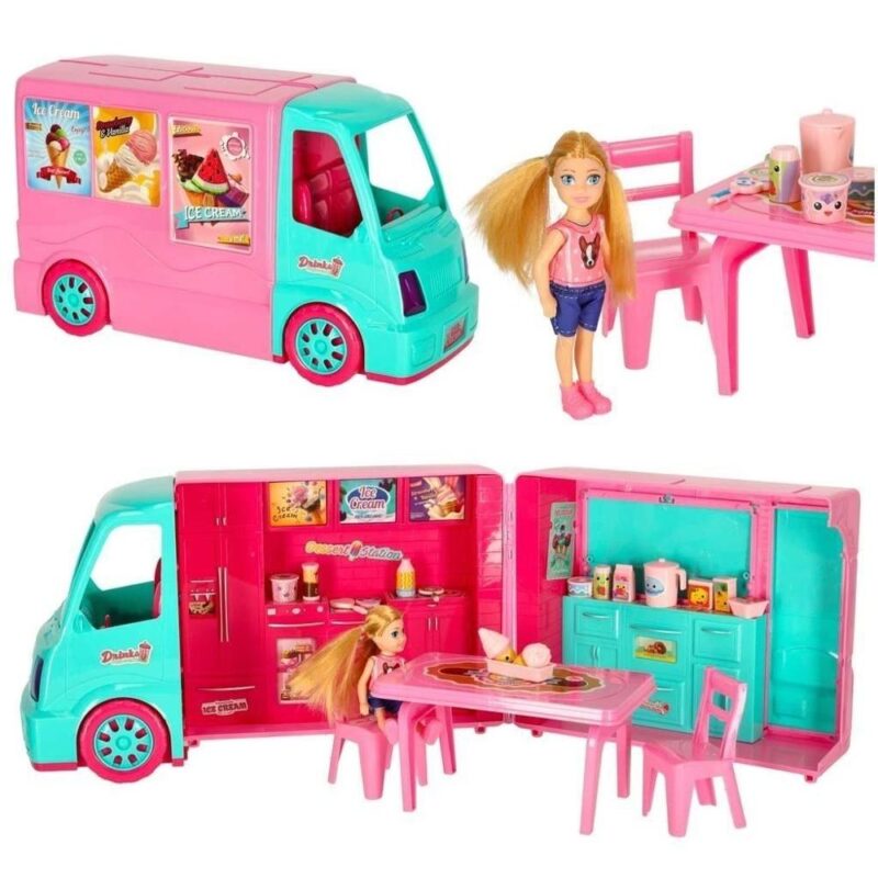 2-i-1 Dolls Camper Food Truck Set med glass och tillbehör