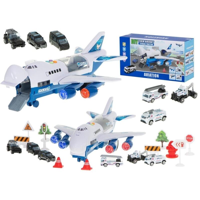 Police Transporter Plane Set med LED-ljus och 6 fordon