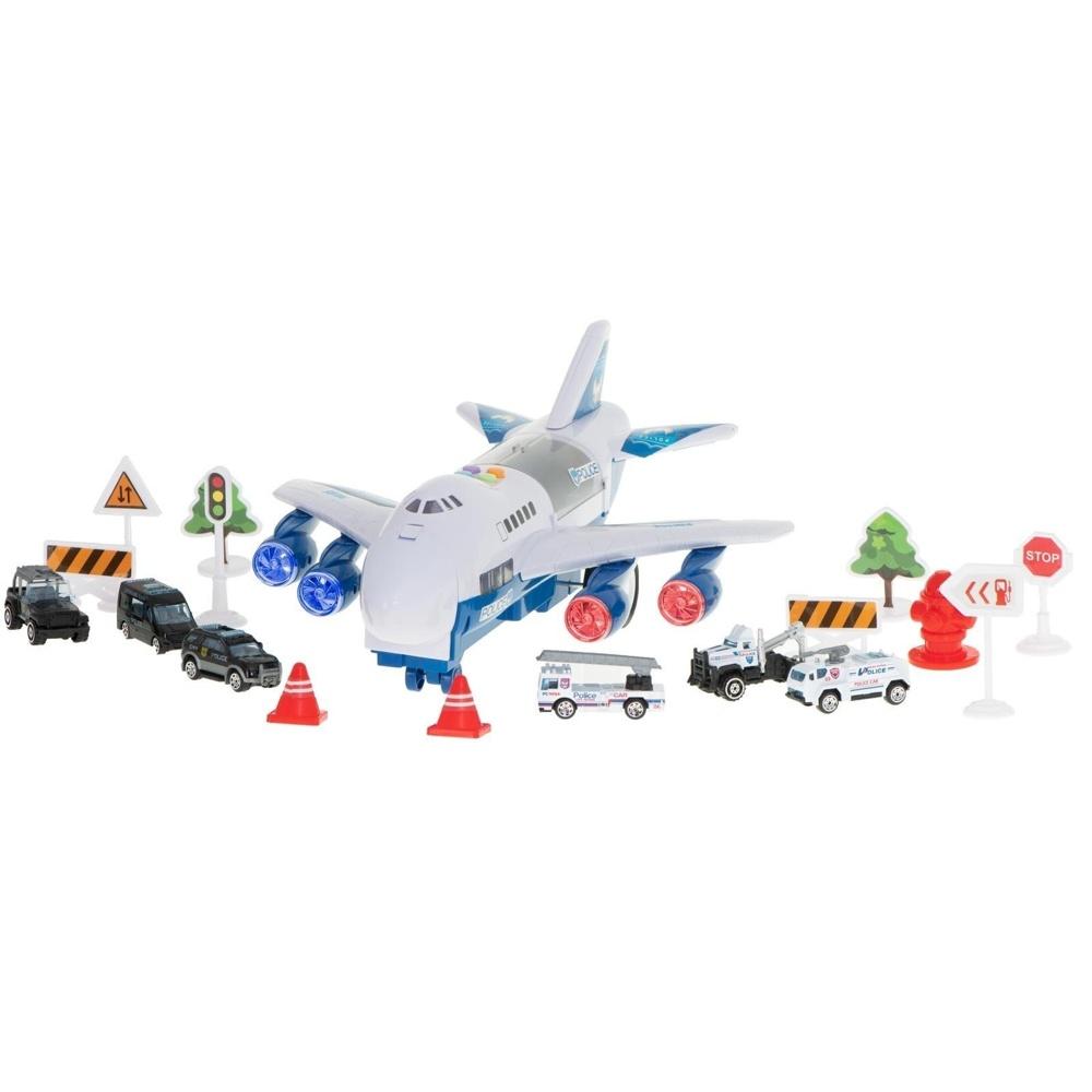 Police Transporter Plane Set med LED-ljus och 6 fordon