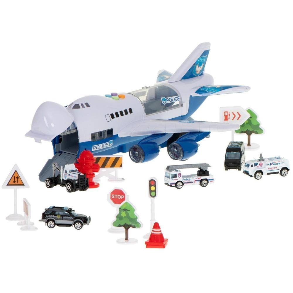 Police Transporter Plane Set med LED-ljus och 6 fordon