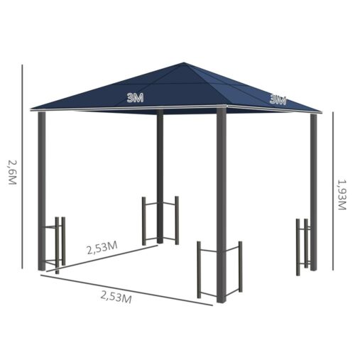 3x3m lusthus i svart aluminium med gardiner, flugnät och PC-tak