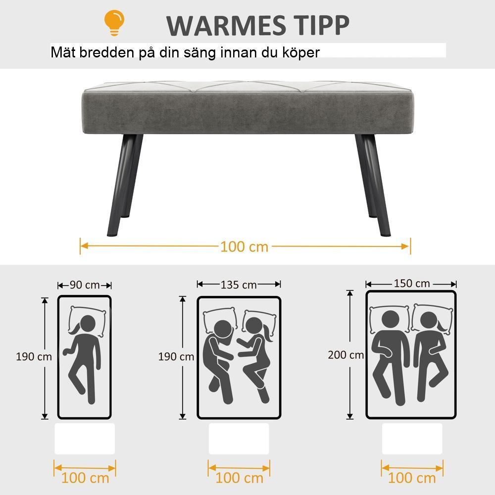 Sammetsklädd bänk – extra bekväma sittplatser i sovrum och hall (grå, 100x36x45cm)