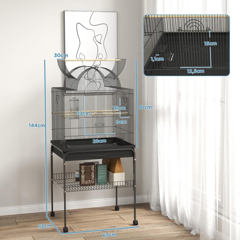 Rymlig svart fågelbur med bricka, hjul och förvaring – undulat, kanariefågel, finkar