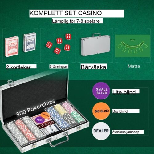 Professionell pokerset med 300 marker med låsbart fodral och matta