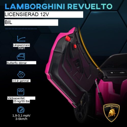 Rosa licensierad Lamborghini Revuelto elbil för barn, 2,4G fjärrkontroll, musik och lampor