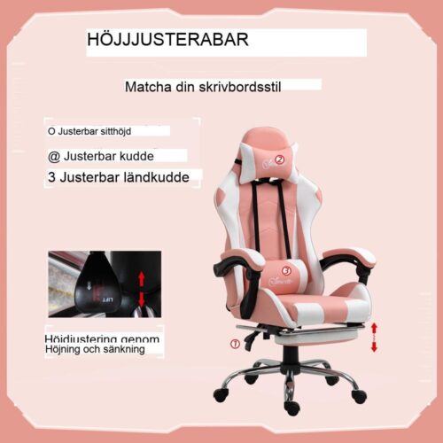 Ergonomisk spelstol med nackstöd, svankstöd, höjdjusterbar, rosa och vit