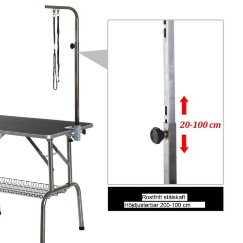 Professionellt hopfällbart hundtrimmningsbord med justerbar bom och bas i rostfritt stål