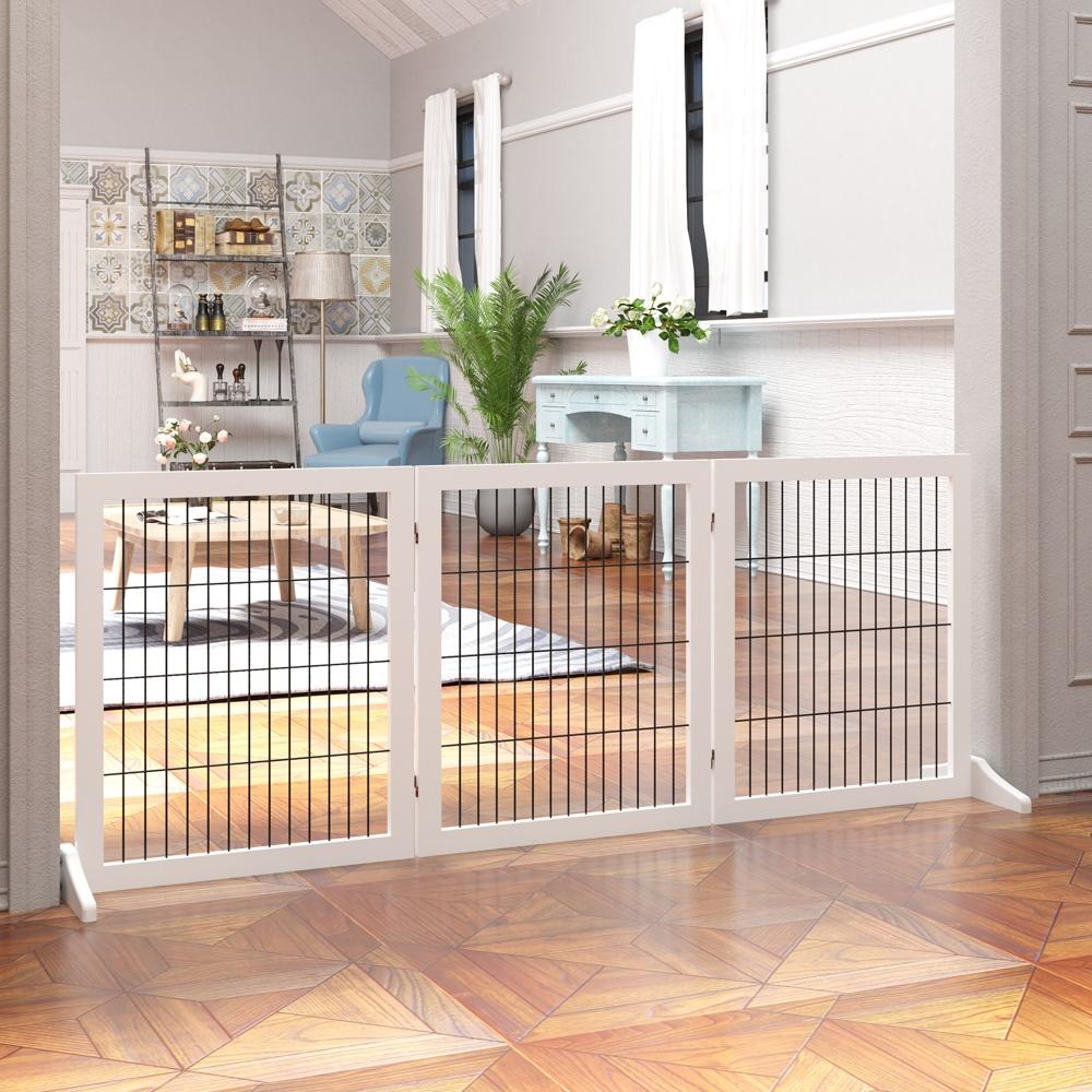 White Pine Wood Pet Barrier Gate – 3 paneler, hopfällbar, trappa och dörrsäkerhet