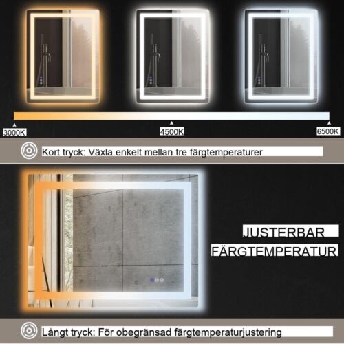80x60cm badrumsspegel med 3 ljusfärger, pekbrytare och anti-dimma