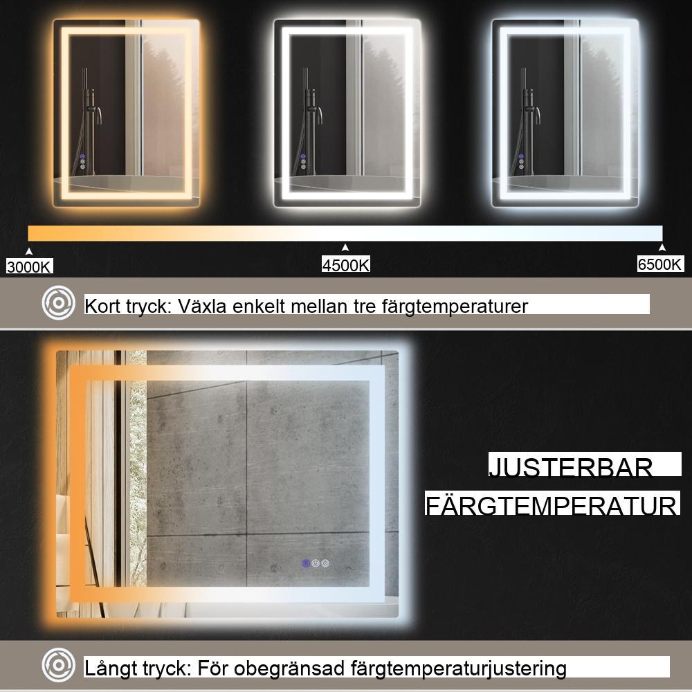 80x60cm badrumsspegel med 3 ljusfärger, pekbrytare och anti-dimma