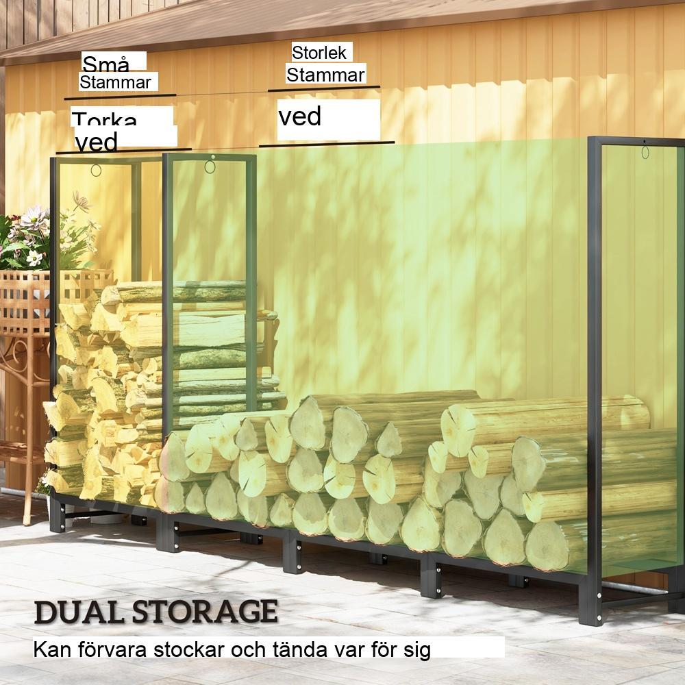 Kraftig vedställ i stål, dubbelsektionsförvaring, rymmer 300 kg