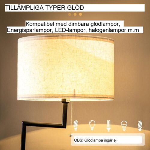 Modern golvlampa med hylla, USB-laddning och krämfärgad linneskärm