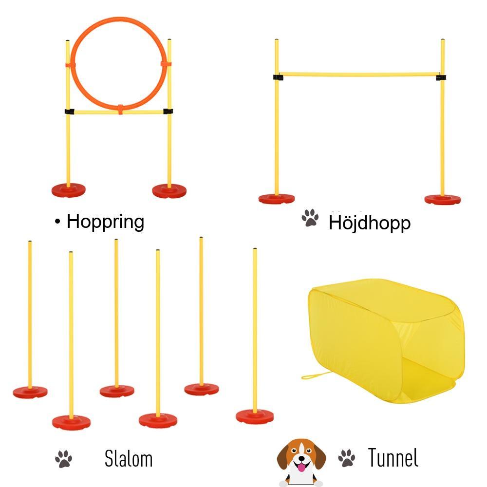 Justerbart hundagilityträningsset – hinderbana med tunnel, hoppbåge och slalomstavar