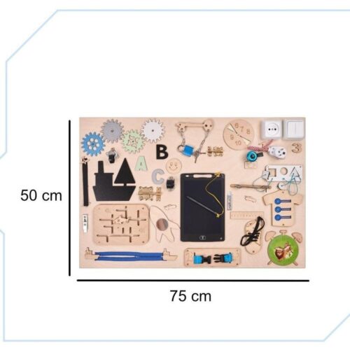 Sensorisk leksakstavla i trä för barn – 75×50 cm med labyrint och snörning