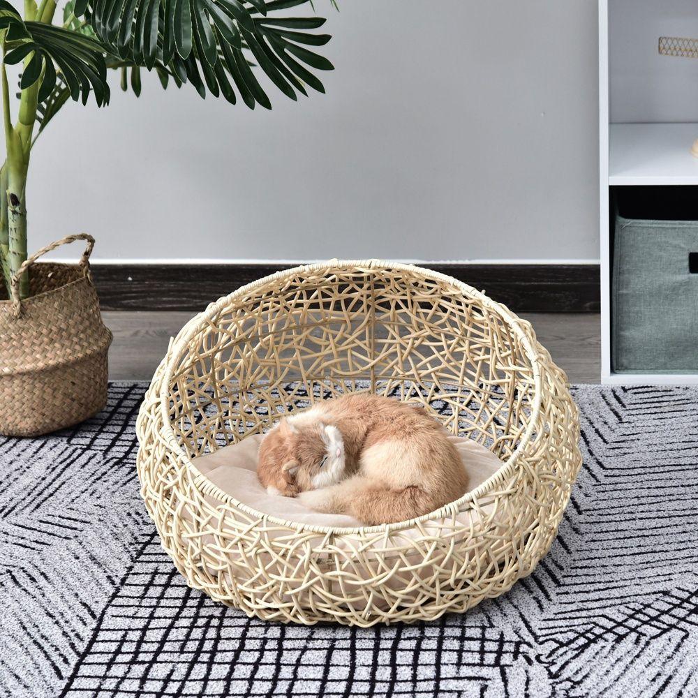 Snygg Rotting Cat Cave Bed med Dyna, Beige, Ø56cm