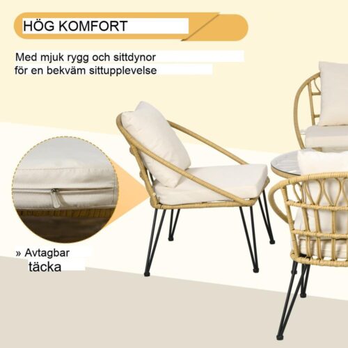 Rotting Garden Dining Set – Bord och 4 stolar, beige kuddar