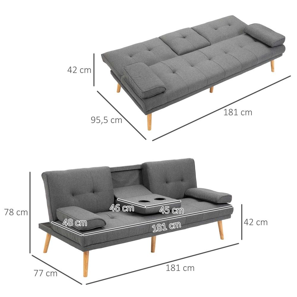 Skandinavisk 3-sits bäddsoffa med bord och mugghållare – mörkgrå