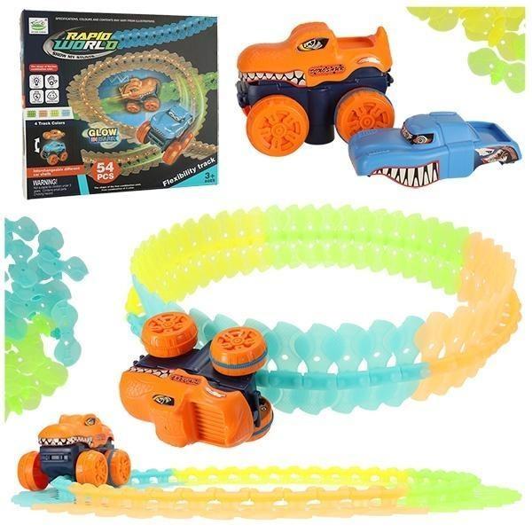 Glow in the Dark Racing-bana med bil, byggbart 132 cm set, LED-ljus