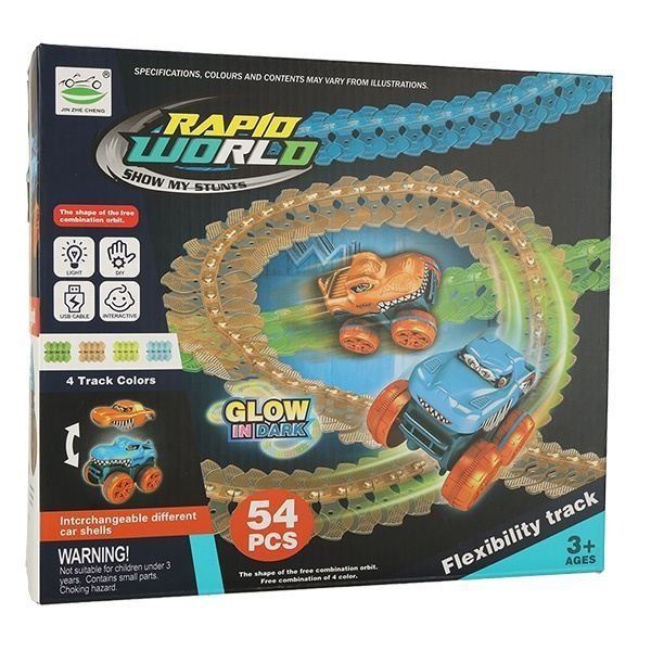 Glow in the Dark Racing-bana med bil, byggbart 132 cm set, LED-ljus