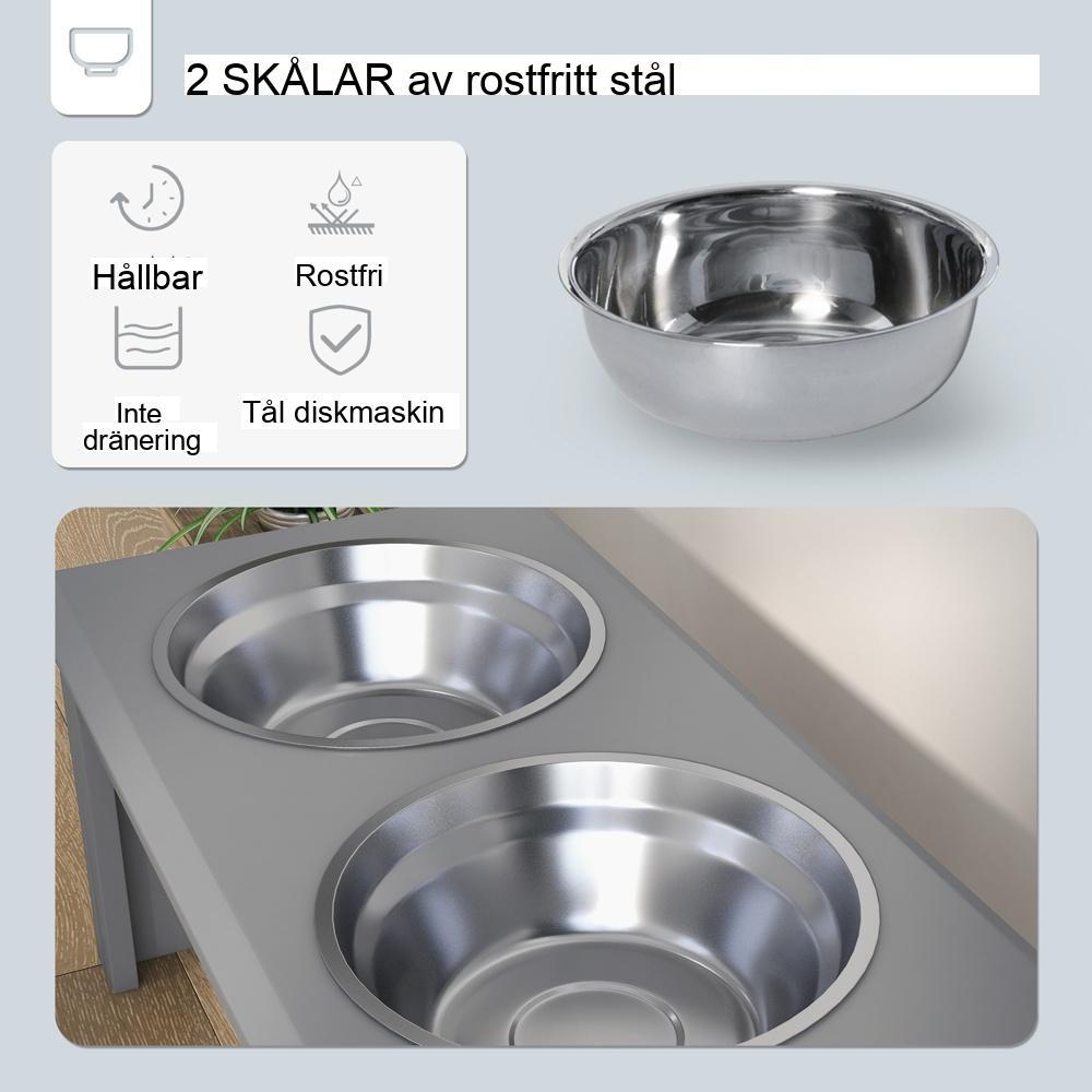 Upphöjd hundmatningsstation med två skålar i rostfritt stål grå