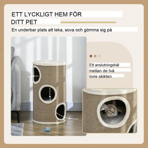 Kattskraptunna i tre nivåer med grottor, sisal och plyschtorn