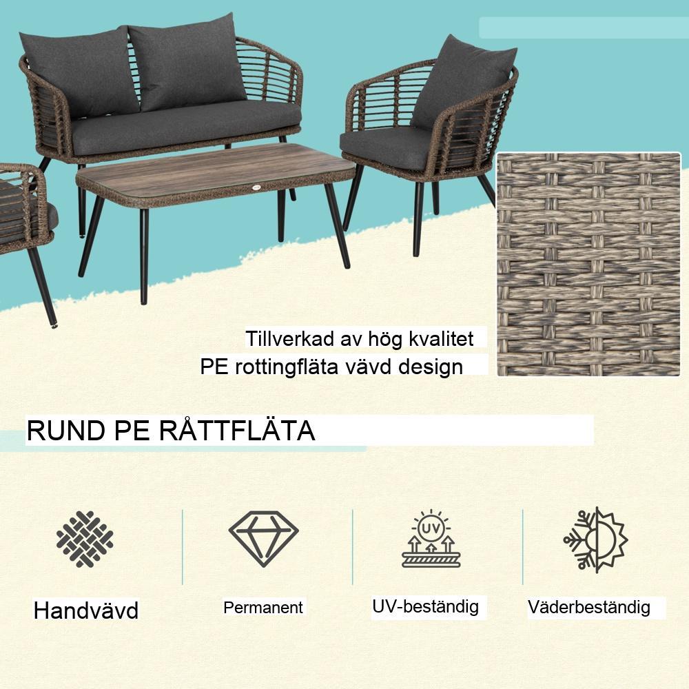 Trädgårdsmöbler i polyrattan för 4 – soffa, bord och kuddar, brun/grå