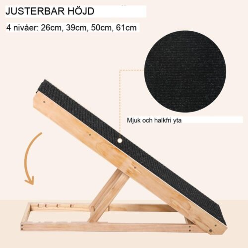 Justerbar husdjursramp för hundar och katter – halkfri, furu, 90×40 cm