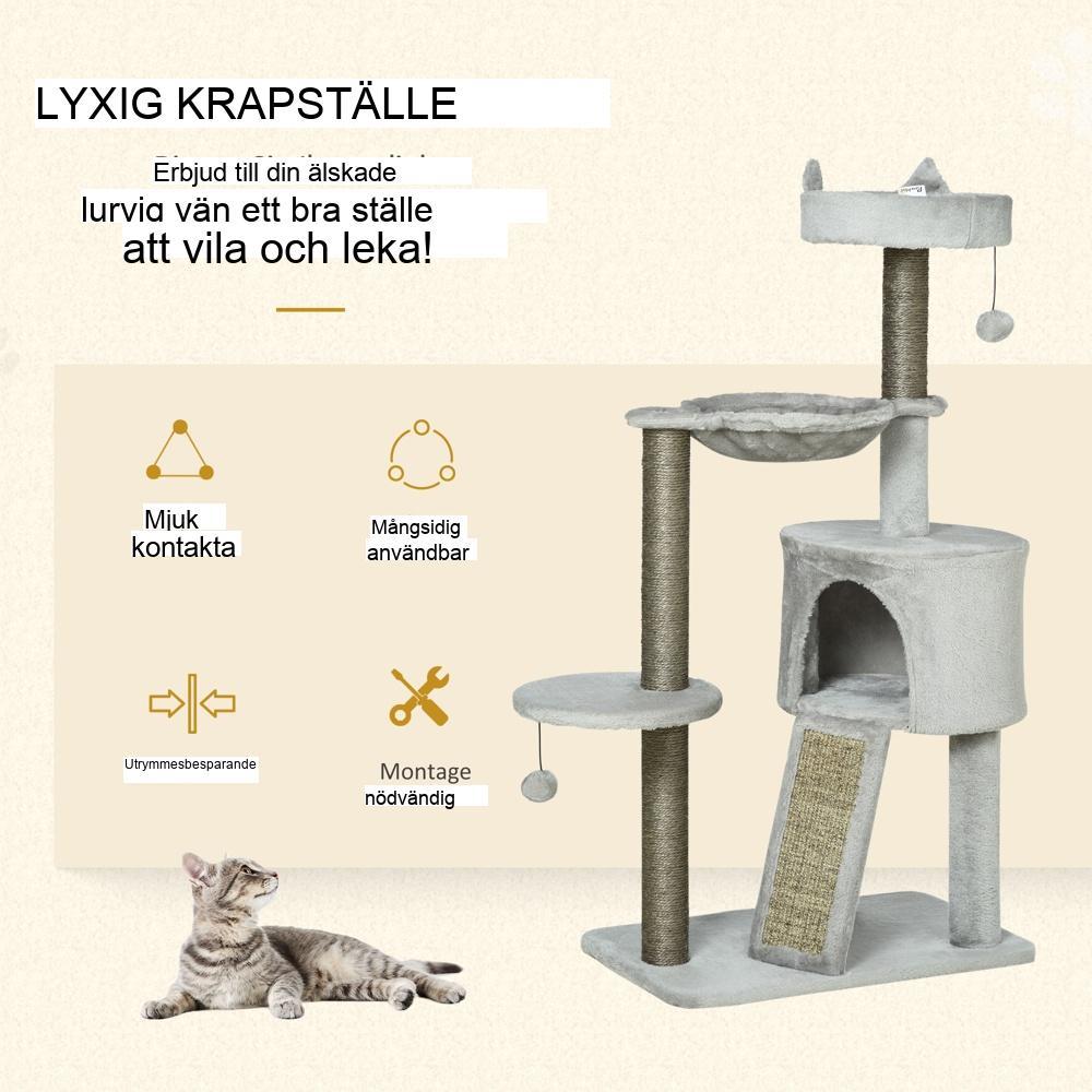 Modernt kattträd med skrapstolpe, säng och grotta för små katter