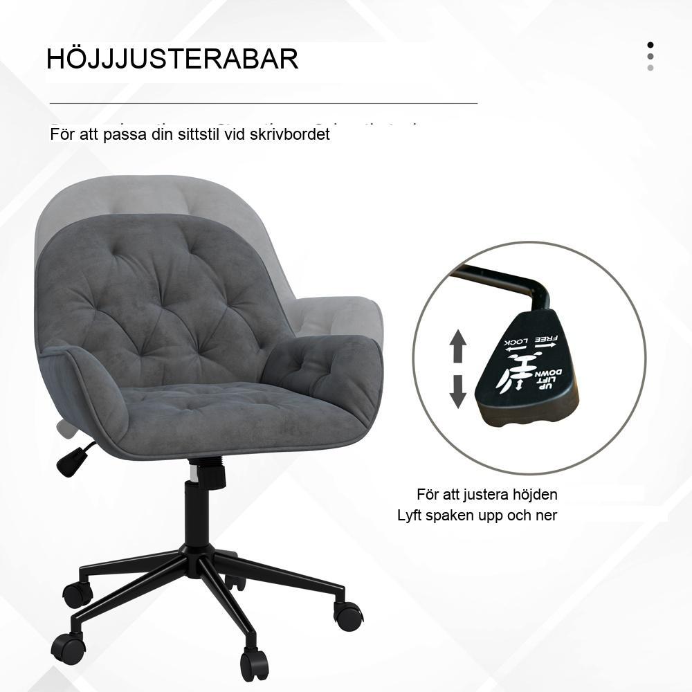 Ergonomisk kontorsstol i sammet, justerbar höjd och vridbara hjul, mörkgrå