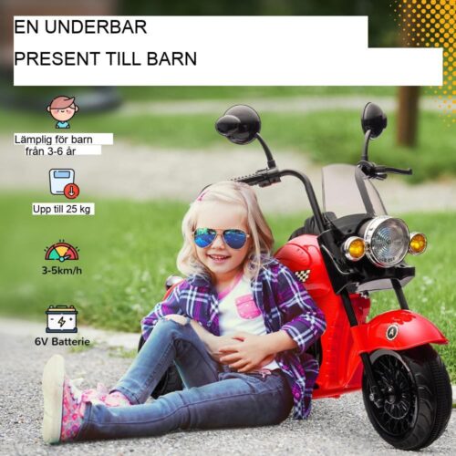 Elektrisk barnmotorcykel med musik, LED-lampor, röd 3-5 km/h Ride On Toy 3-6 år