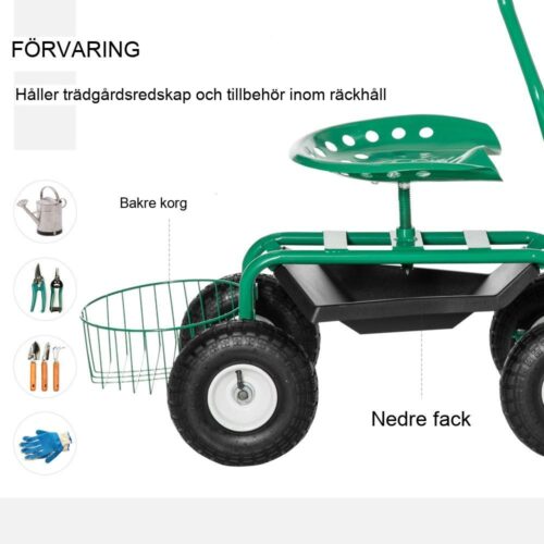 Trädgårdsvagn med vridbar sits, justerbar höjd, 150 kg kapacitet, grön