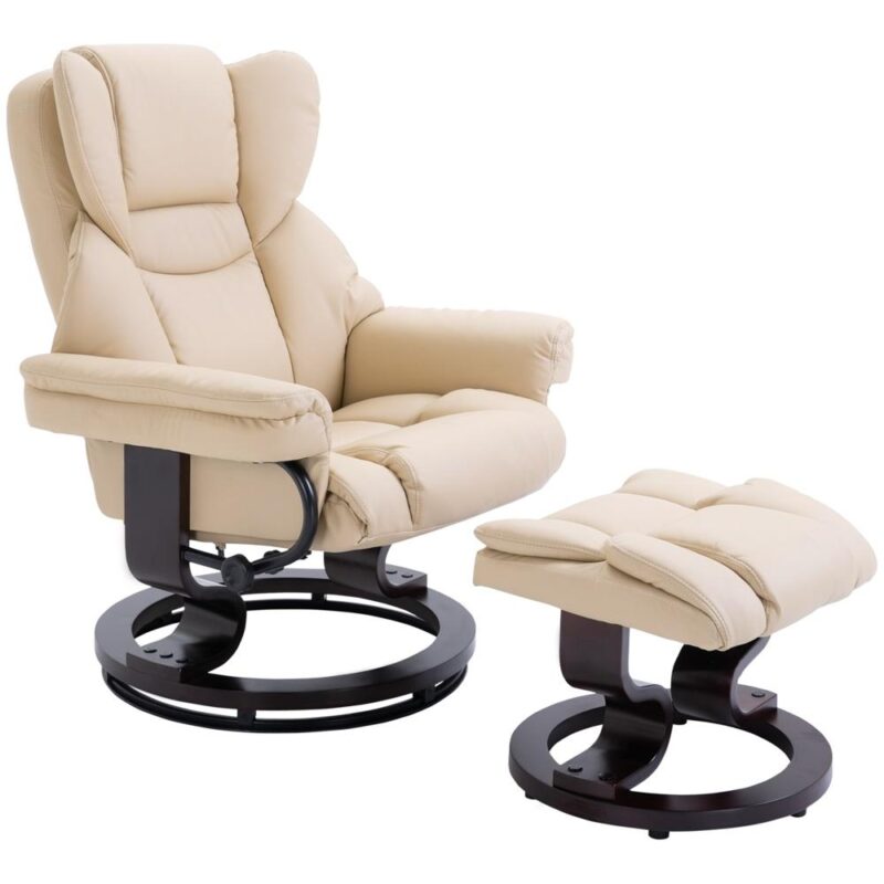 Cream Faux Leather Reclining Swivel Stol med pall Set för vardagsrum