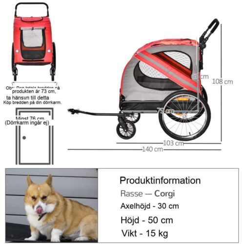 Multifunktionell 2-i-1 hundsläp och buggy för medelstora hundar, upp till 20 kg