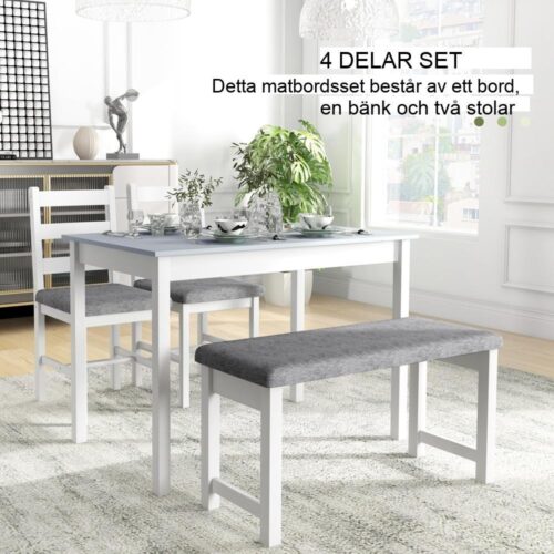 Modern 4-delad matplats i furu med linnestolar och bänk