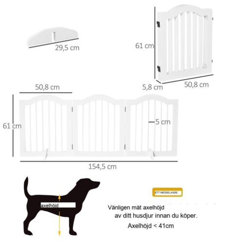 Vit hundskyddsgrind, stabil och hopfällbar, 3-panelsbarriär för husdjur, 154,5 cm