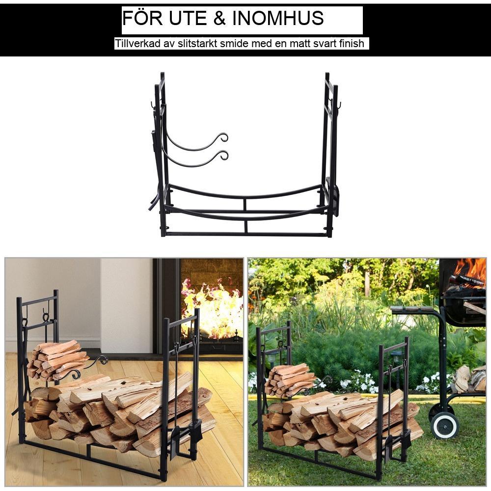Rustikt svart vedställ med krokar och verktyg, 2-våningsställ för öppen spis med uteplats