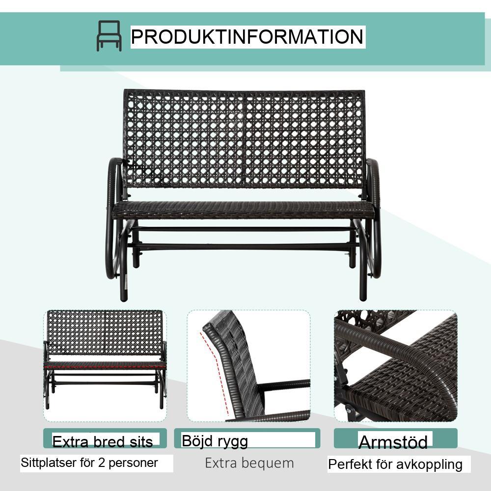 Snygg gungbänk i polyrattan för 2, utomhusterrass trädgård Loveseat