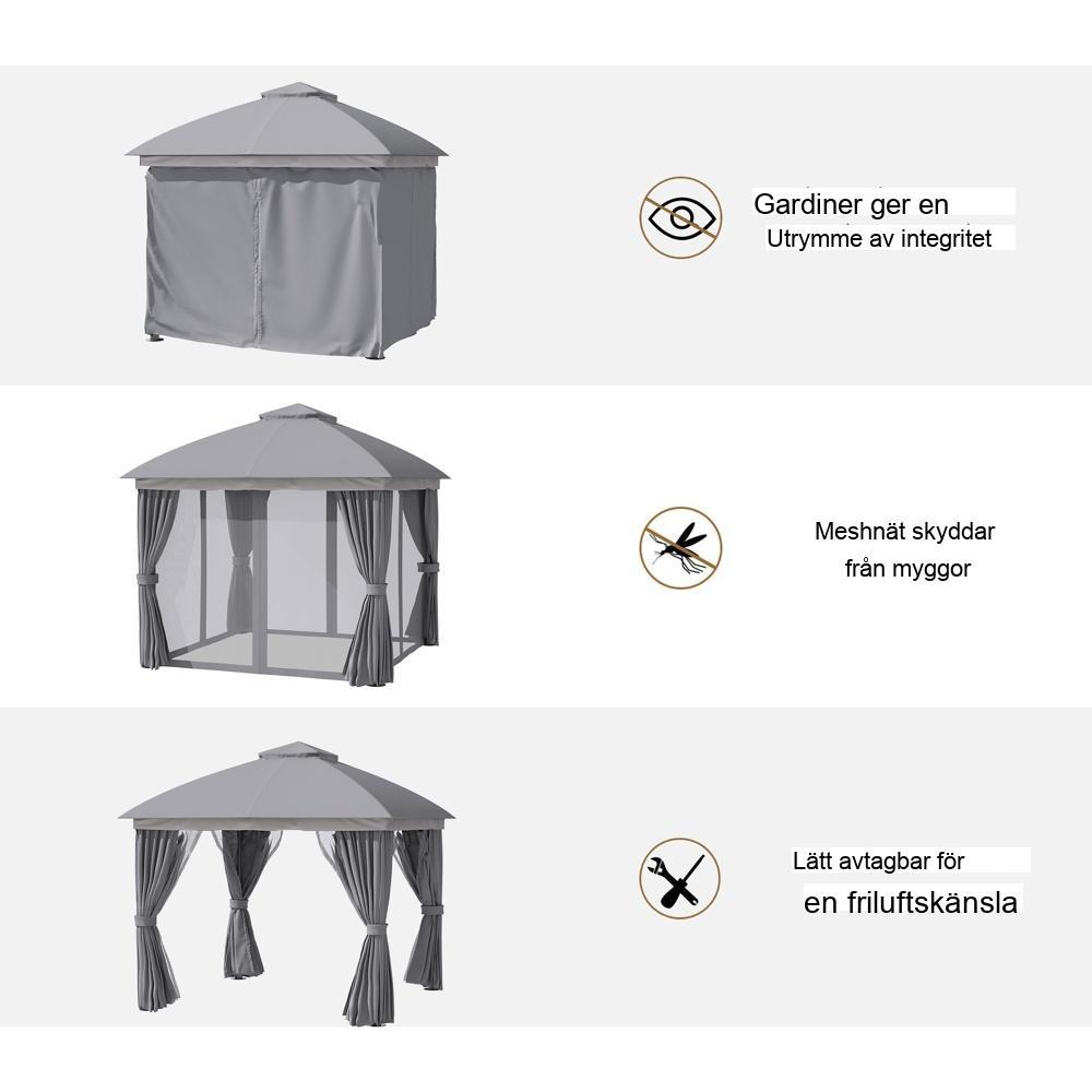Trädgårdspaviljong med dubbla tak, väderbeständig med myggnät och gardiner 3x3m