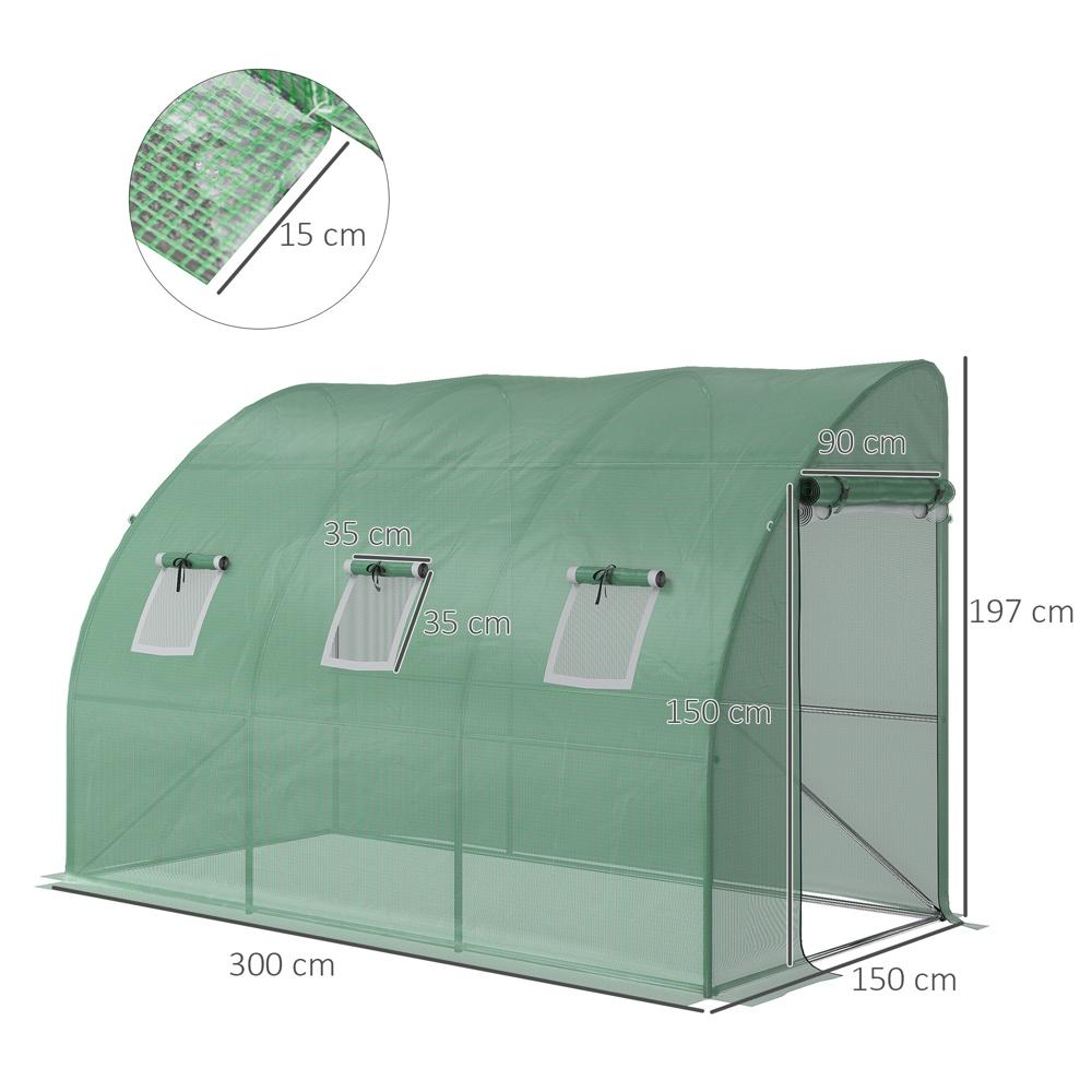 Green Lean-to Greenhouse 300x150cm, UV-skydd, rulldörrar och fönster