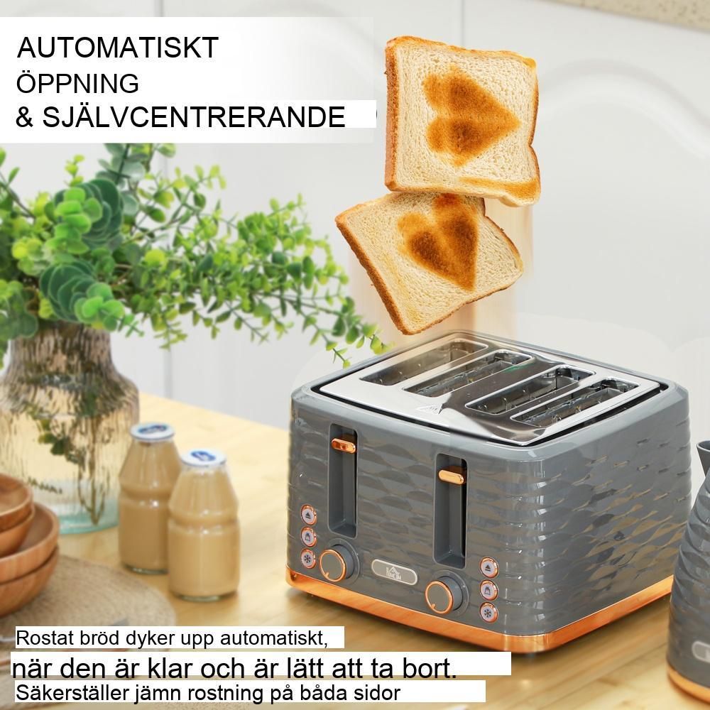 Elegant set med vattenkokare och brödrost, 1,7 l vattenkokare, brödrost med 4 skivor, 7 brunningsnivåer