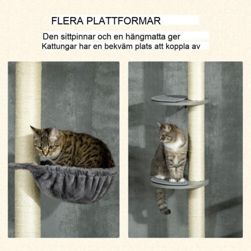 Justerbart kattträd i tak med skrapstolpar, sittpinnar och hängmatta