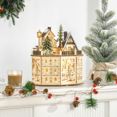 Trä LED tåg adventskalender med 24 lådor för juldekorationer