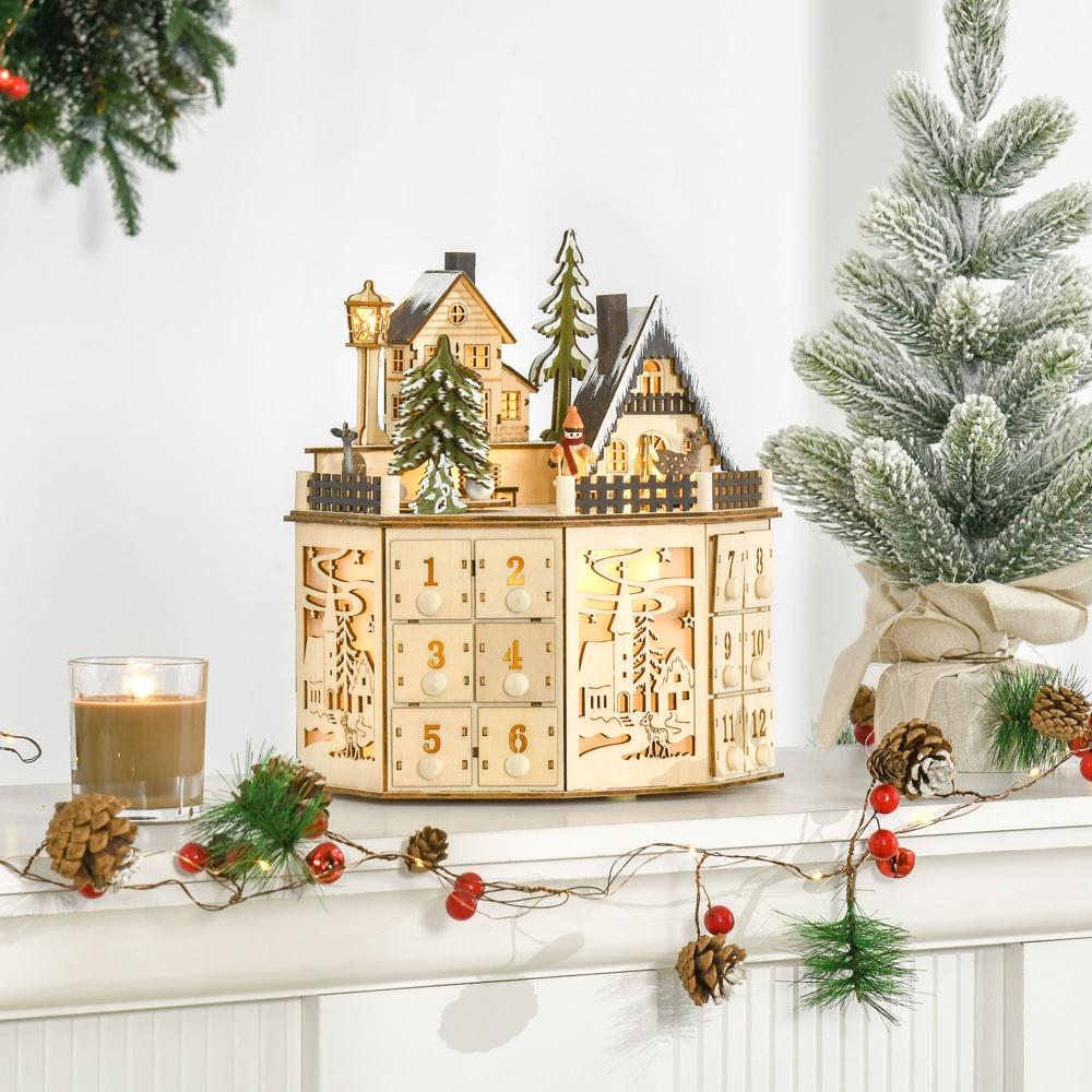 Trä LED tåg adventskalender med 24 lådor för juldekorationer