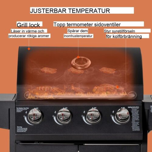 4-brännare gasgrill med sidobord, hjul och värmeställ