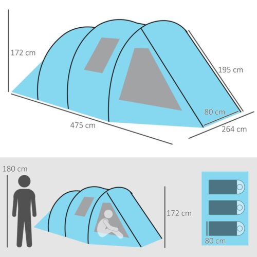 Rymligt 4-personers familjetält med 2 rum, UV-skydd och Rainfly