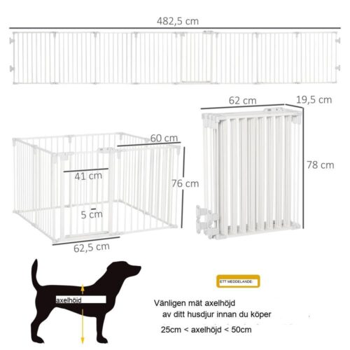 Vit hopfällbar lekhage och grind för husdjur, 8 paneler, automatisk dörr, 60x76cm