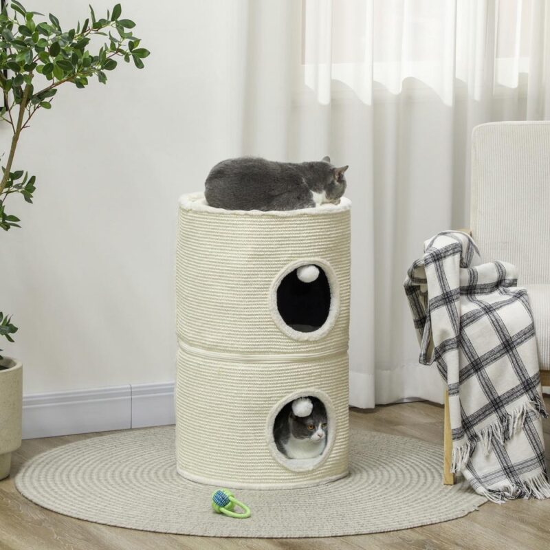 Creme White Cat Barrel Tower med 2 grottor, skrapstolpar och lekbollar (upp till 5 kg)