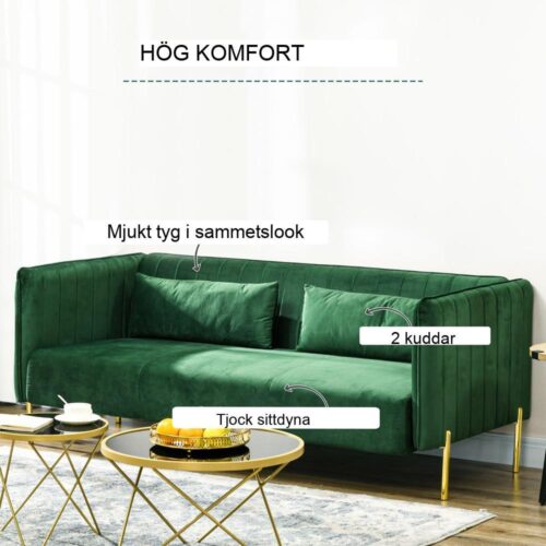 Green Velvet Retro 3-sits soffa med kuddar, 200cm