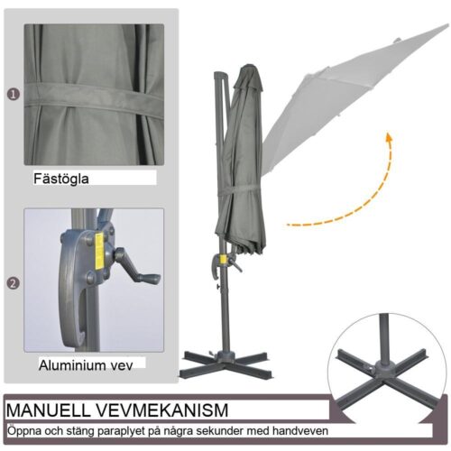 Stort grått roterande fribärande parasoll med stativ för uteplats