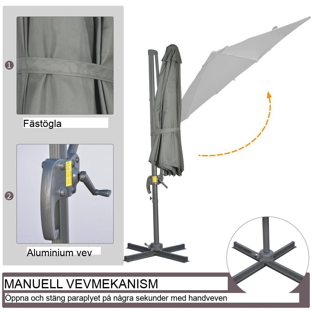 Stort grått roterande fribärande parasoll med stativ för uteplats